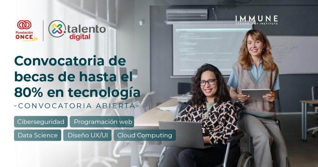 Persona con discapacidad utilizando tecnología accesible para formarse en programación en un entorno educativo inclusivo.